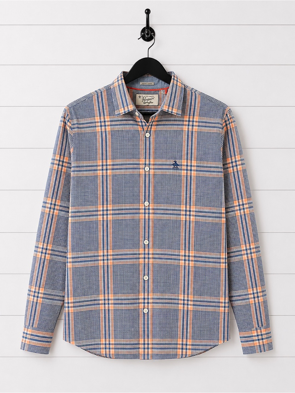 Original Penguin Men’s Blue and Peach Plaid Button-Down Shirt